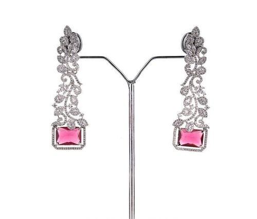 42.30TCW Simulated Pink Ruby & White Sapphire Earrings In 935 Argentium Silver - Picture 2 of 6