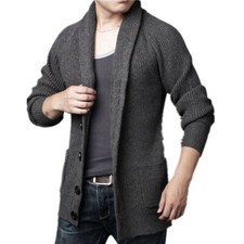 Men Thick Wool Blend Cable Knitted Button Cardigan Jumper Sweater Jacket Warm