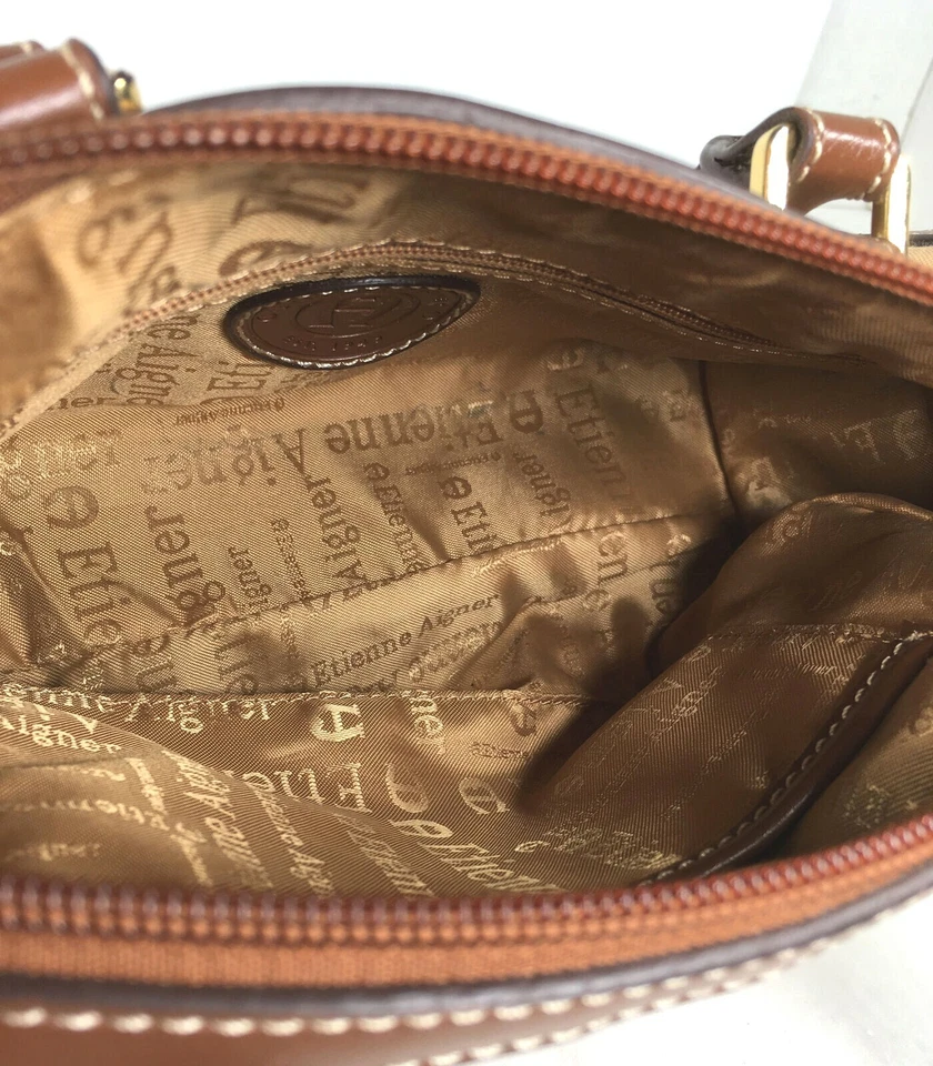 Bolso de Mano Etienne Aigner Mujer MINI Pequeño Beige Tela Marrón Imitación Cuero Borde Foto 3 de 4