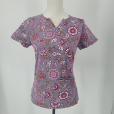 Beyond Scrubs Purple Floral Scrub Top Short Sleeve V-Neck Pockets Women's XS