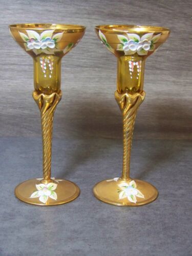 Set Of 2 Vintage Bohemian Venetian Hand Painted Amber Glass Candlestick Holders - Picture 1 of 10