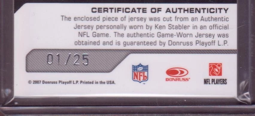 2007 Leaf Limited KEN STABLER OAKLAND RAIDERS PRIME JERSEY GAME USED  01/25 #1 - Image 3 of 4