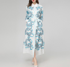 Blue Printed Single Breasted Long Sleeved Lace Up Long Women's A-line Dresses