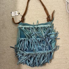 Free People Turquoise Suede Fringe Bag Brown Leather Strap Brand New