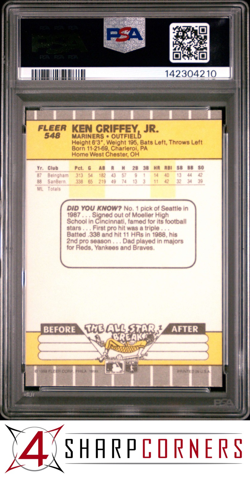 1989 FLEER #548 KEN GRIFFEY JR. RC MARINERS HOF PSA 10 view 2