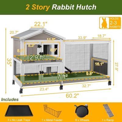 Petscosset Rabbit Hutch Outdoor Indoor Bunny Hutch 2-Story Large