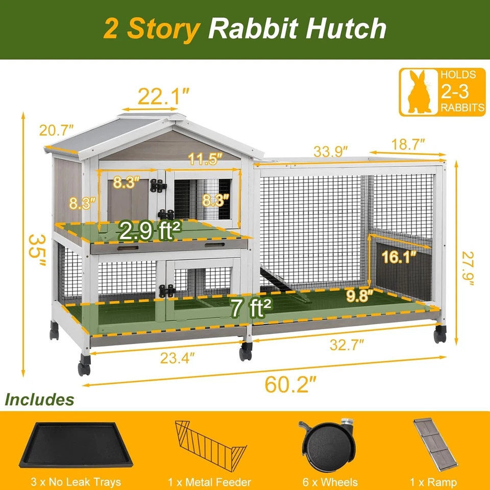 Petscosset Rabbit Hutch Outdoor Indoor Bunny Hutch 2-Story Large Rabbit Cage - Image 2 of 4