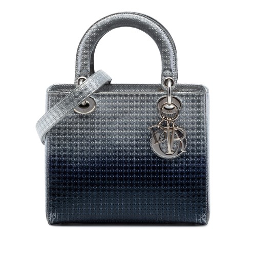 Dior Medium Ombre Metallic Patent Microcannage Lady Pre-Loved Satchel Silver