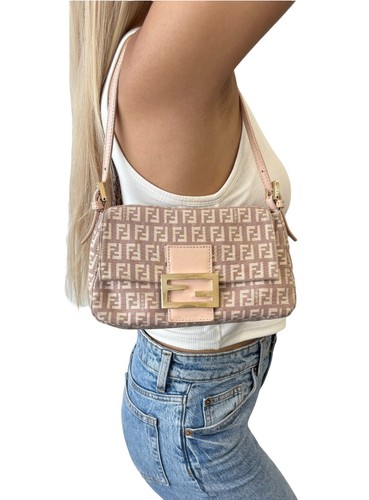 FENDI Vintage Zucchino Mamma Baguette Canvas Shoulder Bag Pink Leather 902201