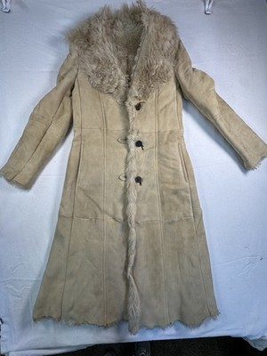 Max Mara Weekend Line Shearling Coat Women Beige Genuine Leather Fur Lined Long