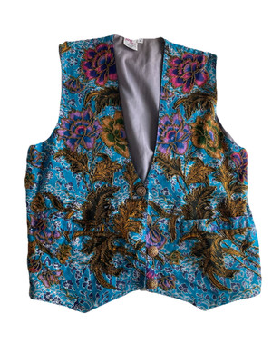 Vintage Blue Sky Beaded Vest Plant Lady Cottage Core Size M Floral Tropical