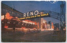 Vintage Reno Nevada Night Scene Postcard Arch Gambling Casinos 1951