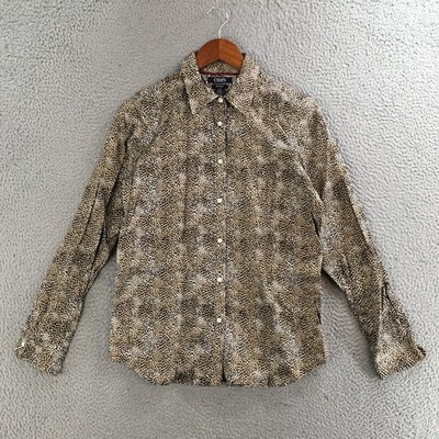 Chaps Button Up Shirt Womens M Long Sleeve Cheetah Print Collared Cotton Brown