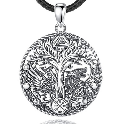 Lebensbaum Kette Wikinger Damen Herren Yggdrasil Odin Raben und Wolf Halskett...