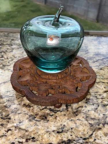 Blenko Glass Emerald Green Apple w/Clear Stem Hand Blown Paperweight w/Sticker