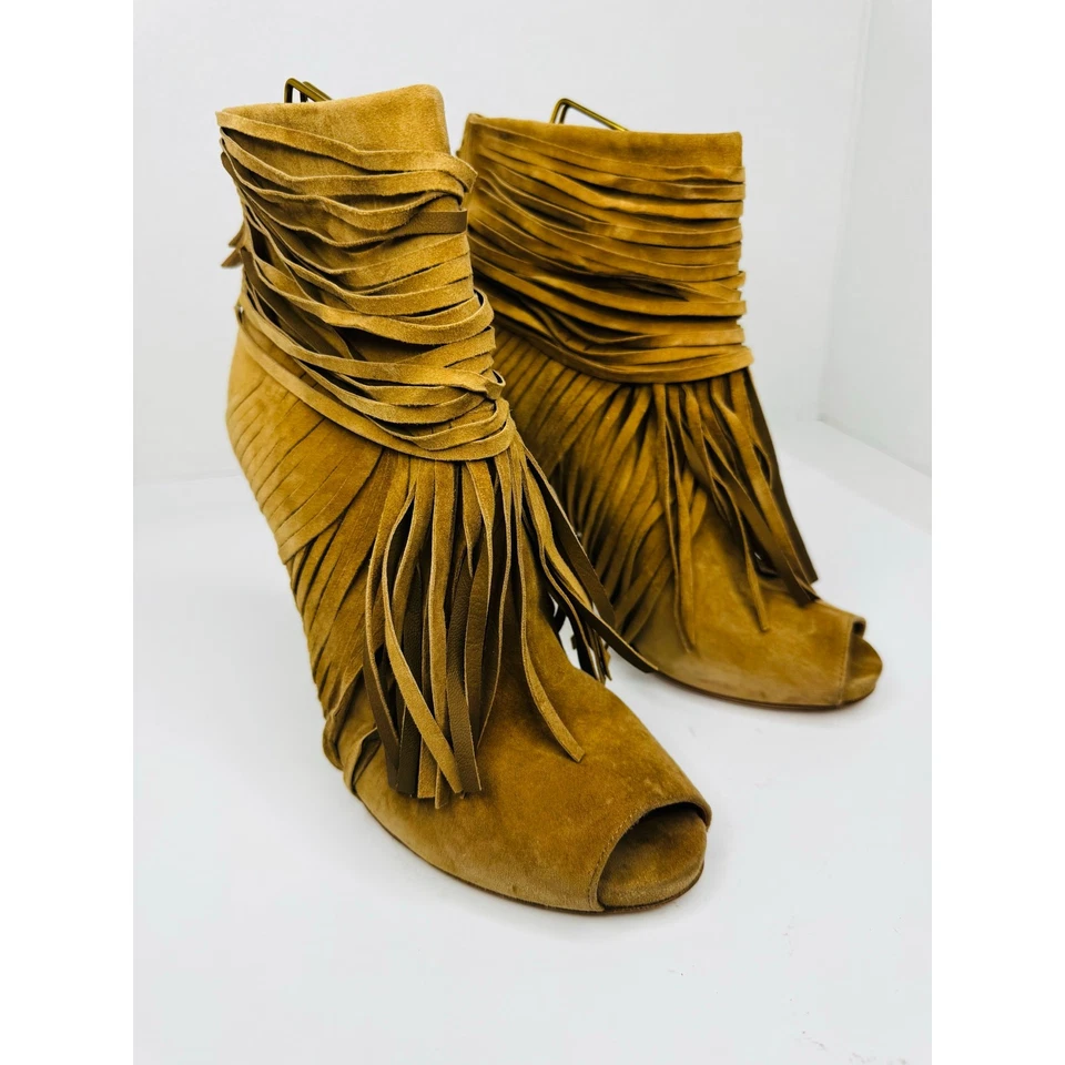 Botas Gucci Akerman franja peep toe tornozelo camurça camelo boho ocidental 39.5 - Imagem 3 de 4