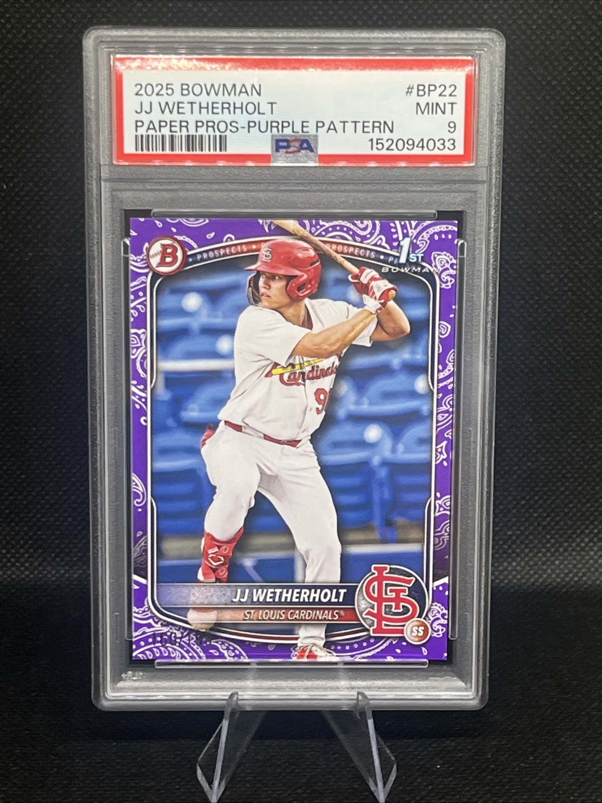 JJ WETHERHOLT 2025 1st Bowman /199 Purple Pattern PSA 9 Pop 4 NONE HIGHER #BP-22
