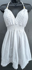Mini Dress L White Cotton Embroidered Crochet Smocked Babydoll Boho Y2K Beachy