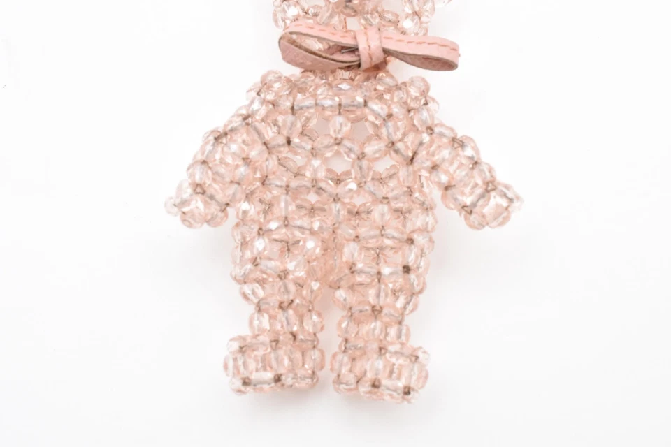 PRADA Key ring chain Bag Charm Pink Teddy Bear Crystal Beads Silver Logo Plate - Image 4 of 4