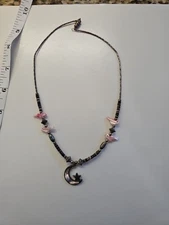 Vintage Pink Mother of Pearl Cresent Moon Pendant Necklace 9in