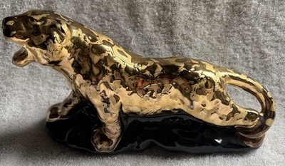 Vintage MCM Ceramic Porcelain 24k GOLD Panther Jaguar Lion Tiger Planter Vase