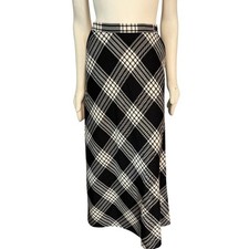 NWT Vintage 90s RALPH LAUREN 100 Wool Tartan Plaid Maxi Skirt Black White 8