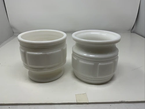 Vintage Pair White Milk Glass Windowpane Planter Vase Geometric Retro Block