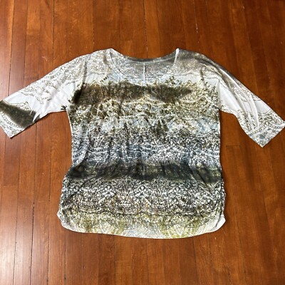Lane Bryant Plus, 18/20, 3/4 Sleeve White Colorful Lightweight Top Gold Accent