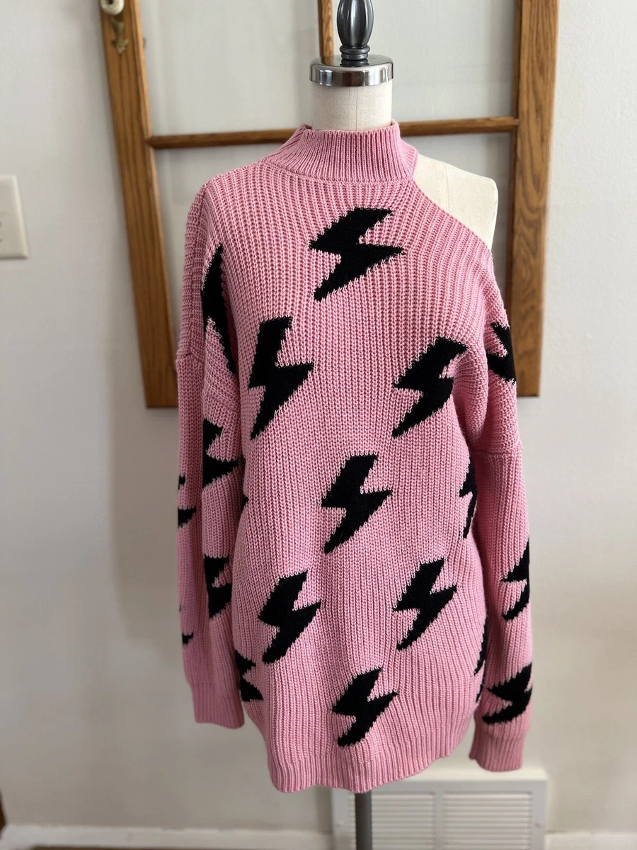 Retro Womens S Sweater Pink Black Lightning Bolt Zig Zag Mock Neck