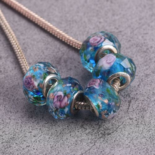 5pcs Lake Blue 15mm Faceted Lampwork Glass European Charm Loose Big Hole Beads - Picture 1 of 3