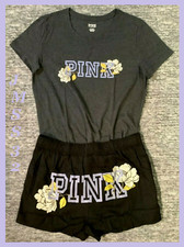 Victoria's Secret Pink Floral Tee Shirt  Sleep Shorts Set Gray Black Lilac L XL