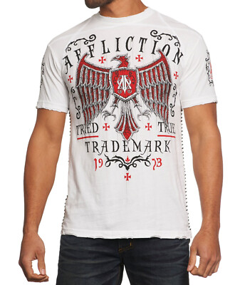 Affliction Men Short Sleeve Crew Neck Shirt Tried Fate Red Eagle in White