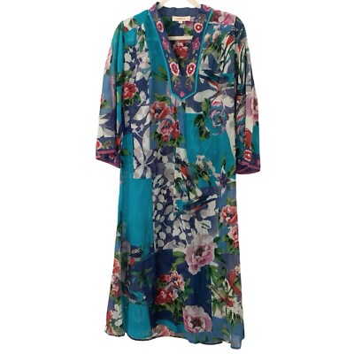 Derhy Kaftan Dress Oversized Small Sheer Floral Print Embellished Embroidered