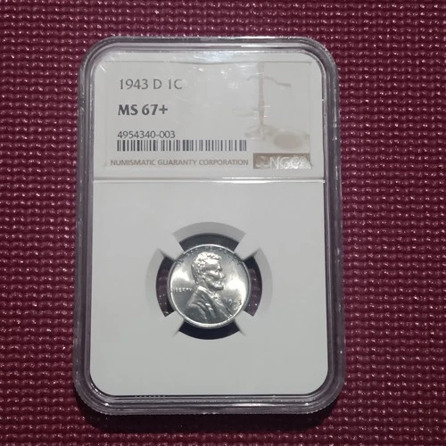 1943 D 1C Lincoln Steel Wheat Cent NGC MS 67+