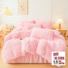 Fluffy Faux Fur Comforter Cover Set  Fuzzy Plush Bedding 3Pcs 1 Faux Queen Pink