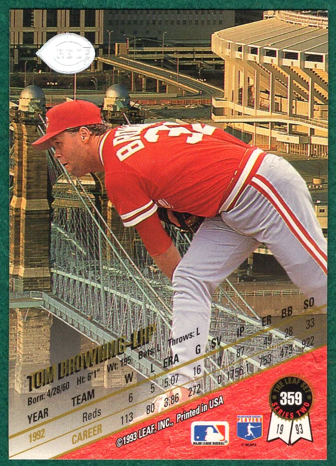 Tom Browning - 1993 Leaf #359 - Cincinnati Reds Baseball Card - Image 3 of 3