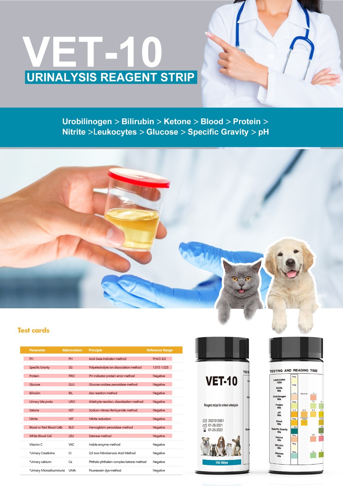 10-in-1 Pet Urine Test Strips (100ct) - Cat & Dog Diabetes & Urinary Health Test