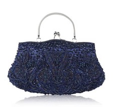 Navy Blue Beaded Evening Bag with Silver Handle  Shoulder Chain, Formal Clutch