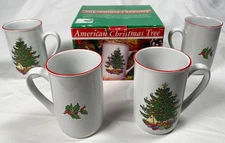 NEW (NOS) Vintage Cuthbertson American Christmas Tree Coffee Mug Cup Set 4