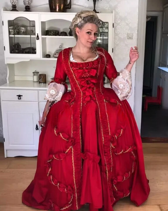 Gothic Victorian Wedding Gowns Red Satin Lace Pleated Corset Laced Medieval - Image 4 of 4