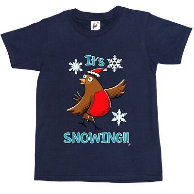 Es schneit Rotkehlchen Vogel singt in den Schneeflocken Kinder Jungen / Mädchen T-Shirt