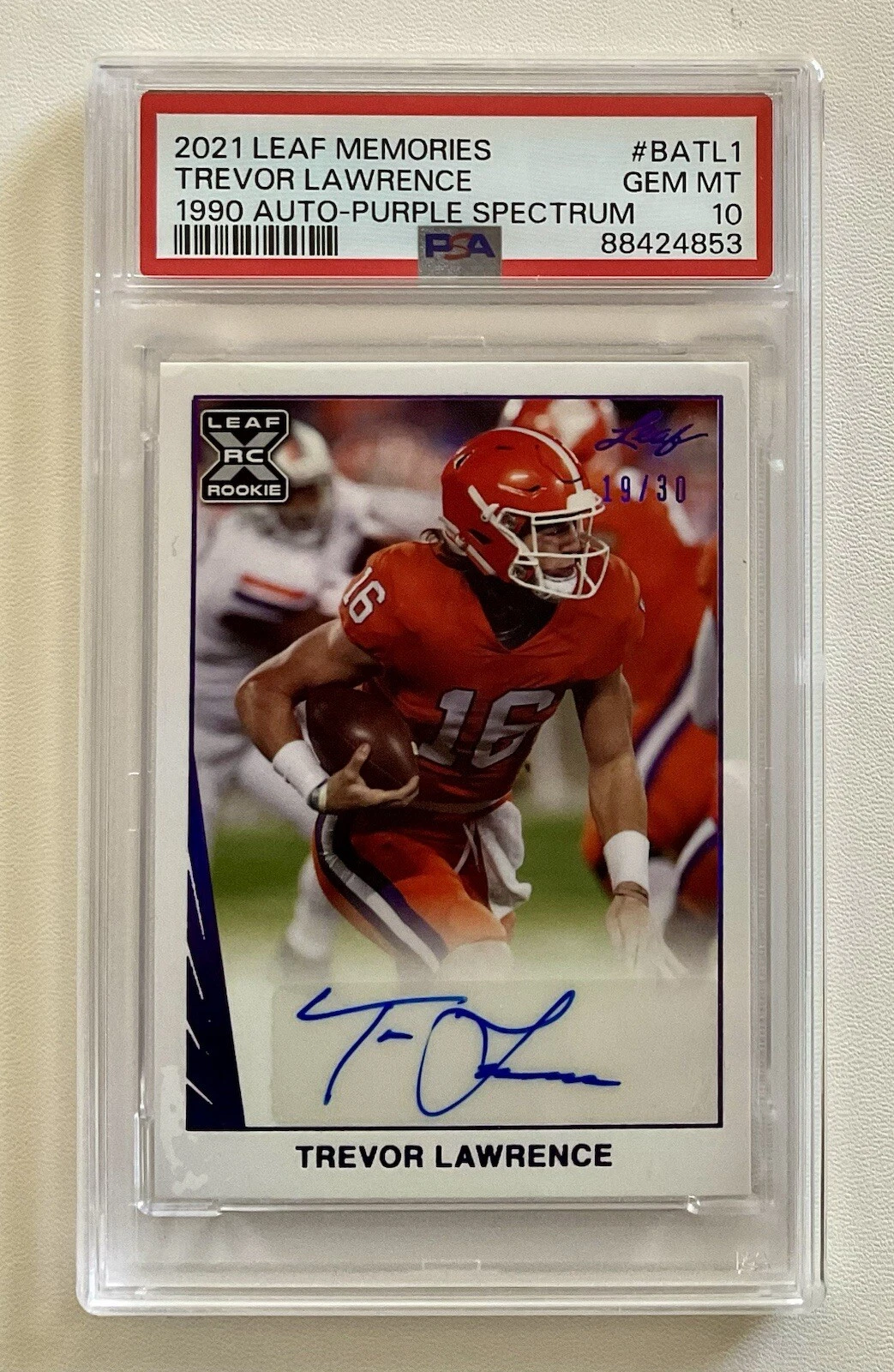 Trevor Lawrence Leaf Memories 1990 Autographs #BATL1 Purple Spectrum