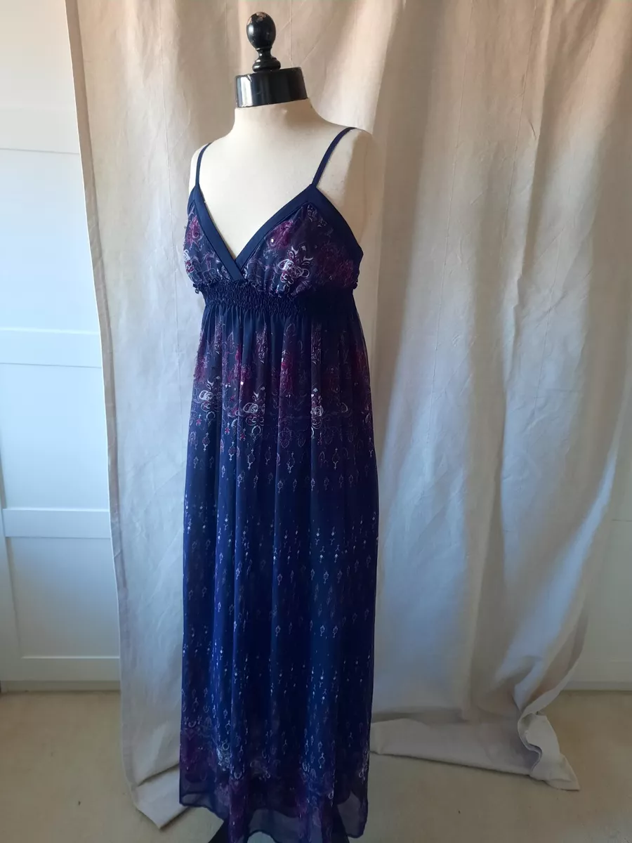 NEW LOOK MAXI GYPSY DRESS 10 PURPLE PAISLEY V NECK STRAPPY LONG