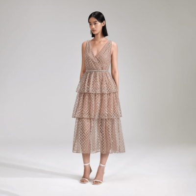 Self portrait Tan Grid Sequin Tiered Midi Dress | eBay