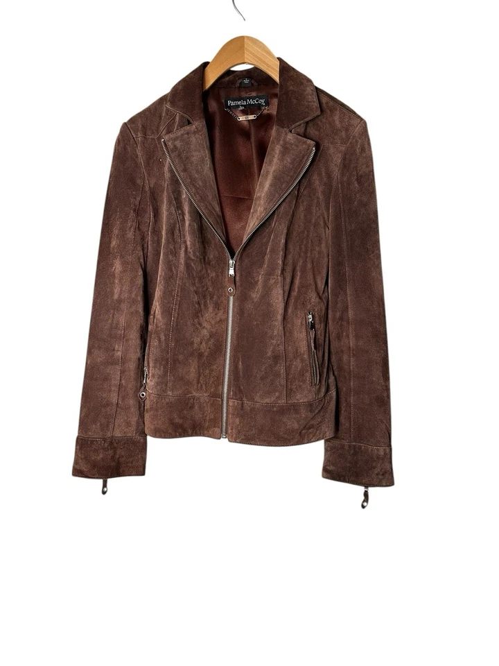 Pamela McCoy 麂皮绒棕色西部摩托车摩托车经典中性棕色夹克 Sm — 第 2/4 张图片