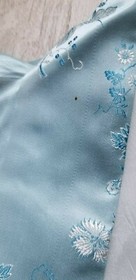Vintage Blue Satin Floral Jacquard Long Kimono with Belt - Made in Japan