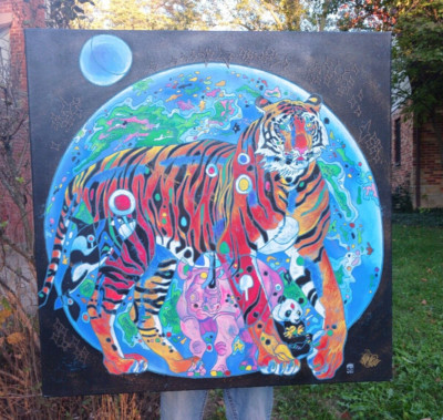 Jiang Tiefeng Beautiful Tomorrow Serigraph on Canvas 36 X 36'' Tiger Cat framed