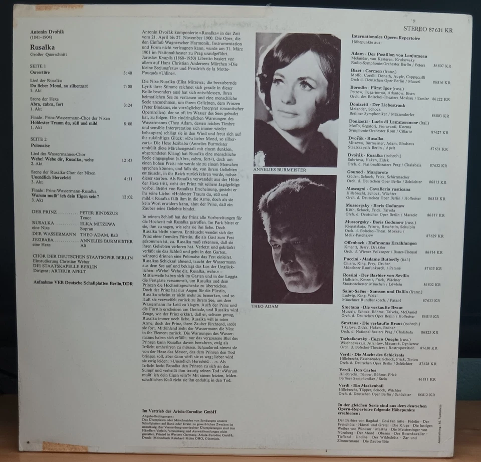 Bindszus, Mitzewa, Theo Adam, Burmeister - Dvořák Rusalka - LP Record excellent - Image 2 of 3