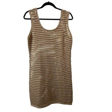 Caracilia Tan Open Knit Crochet Sleeveless Tan Dress Boho Cottage Core Womens M