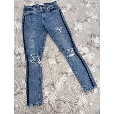 Zara Z1975 Distressed Skinny Jeans Black Rhinestone Side Stripe Women s US 4